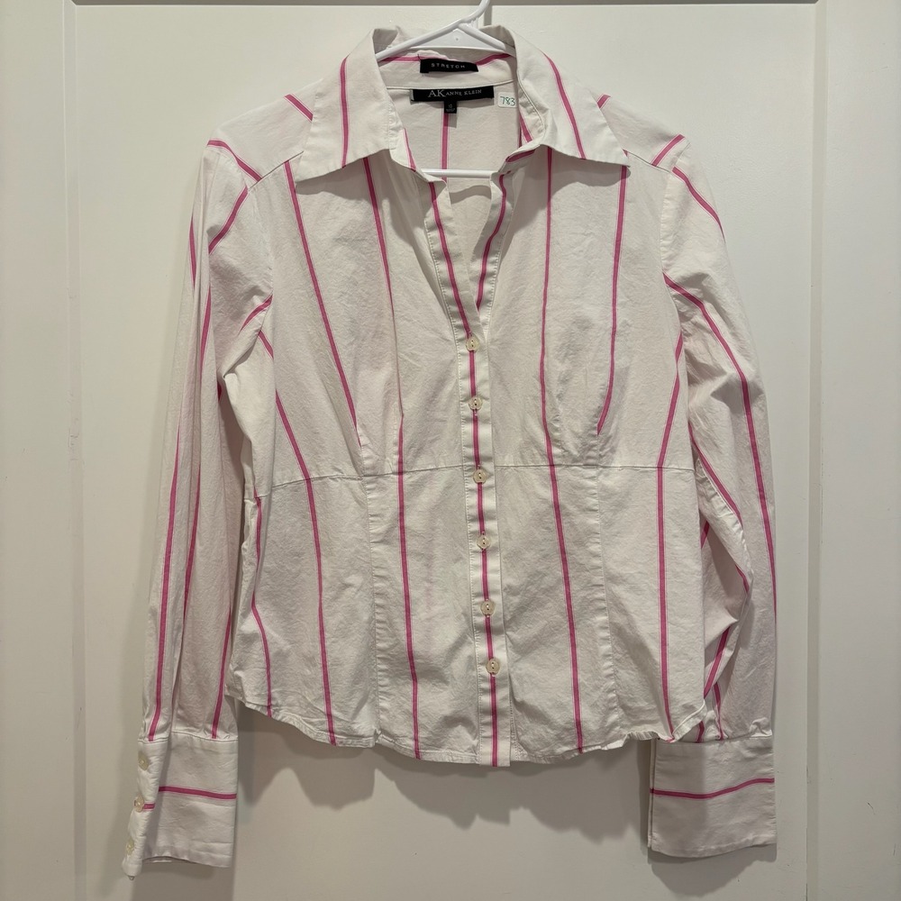 AK Anne Klein Womens White Pink Striped‎ Stretch Button Down Shirt Size 10